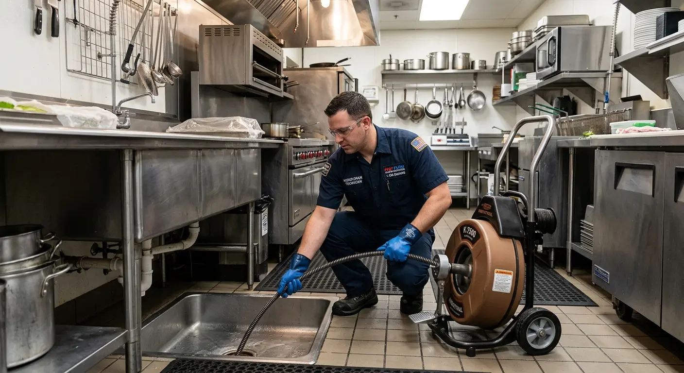 Commercial drain cleaning service in a restaurant kitchen in Liberty