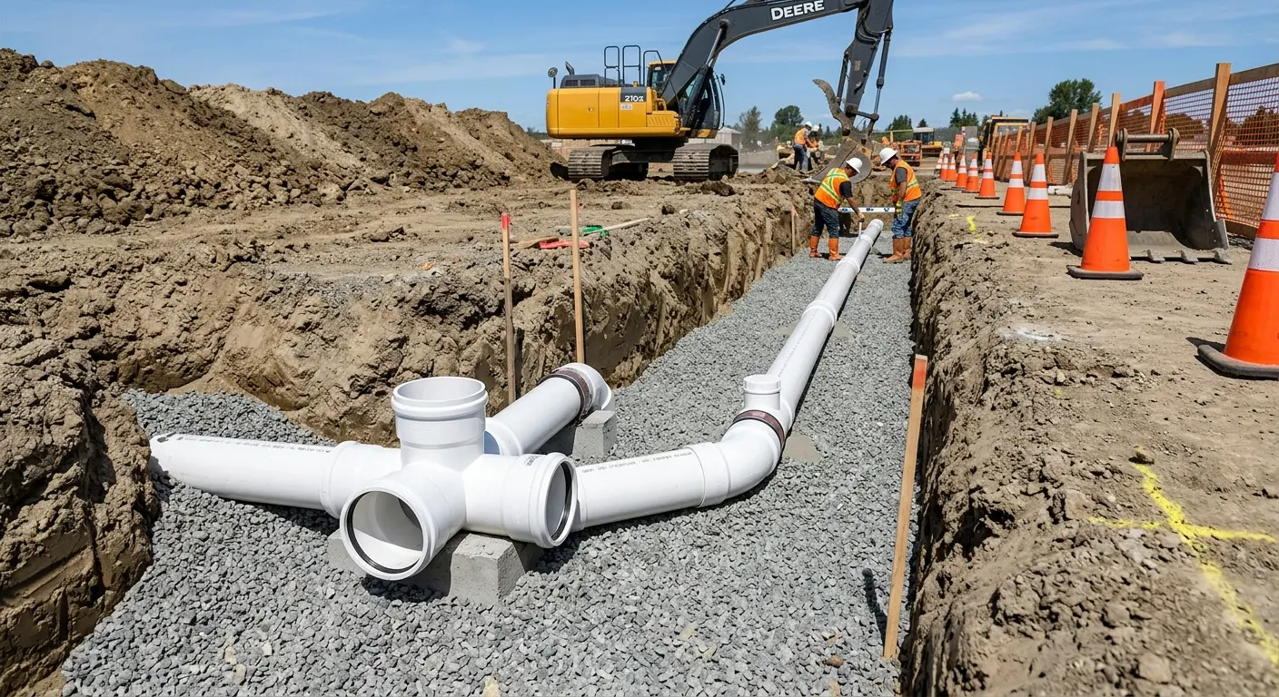 New PVC sewer pipe installation in open trench for Commercial Drain Cleaning in Liberty