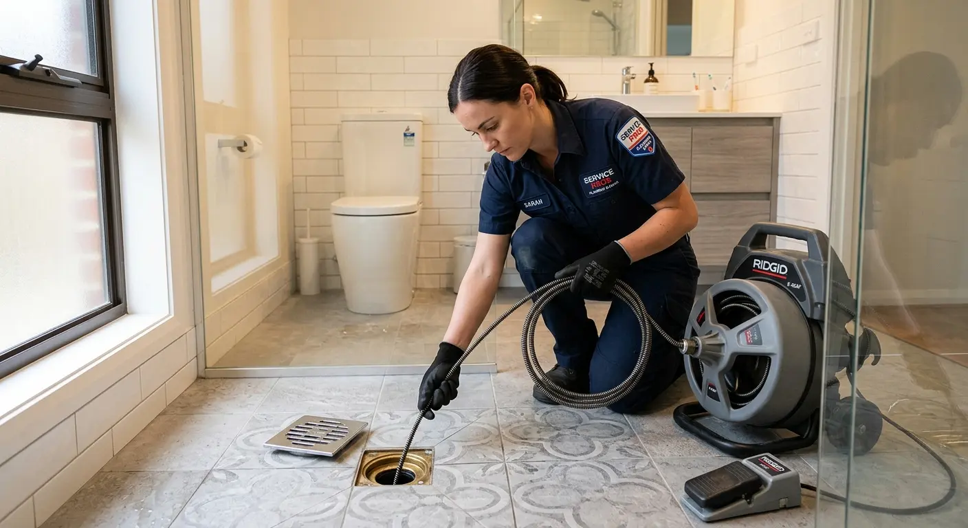 Technician clearing a bathroom floor drain for Clogged Drain Repair in Liberty
